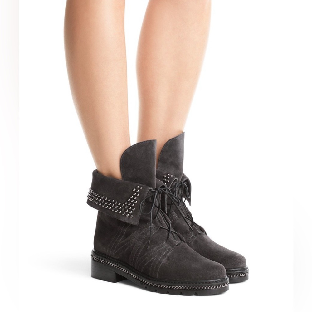 STUART WEITZMAN YADASTUD Gray Fold Down Studded Ankle Boots